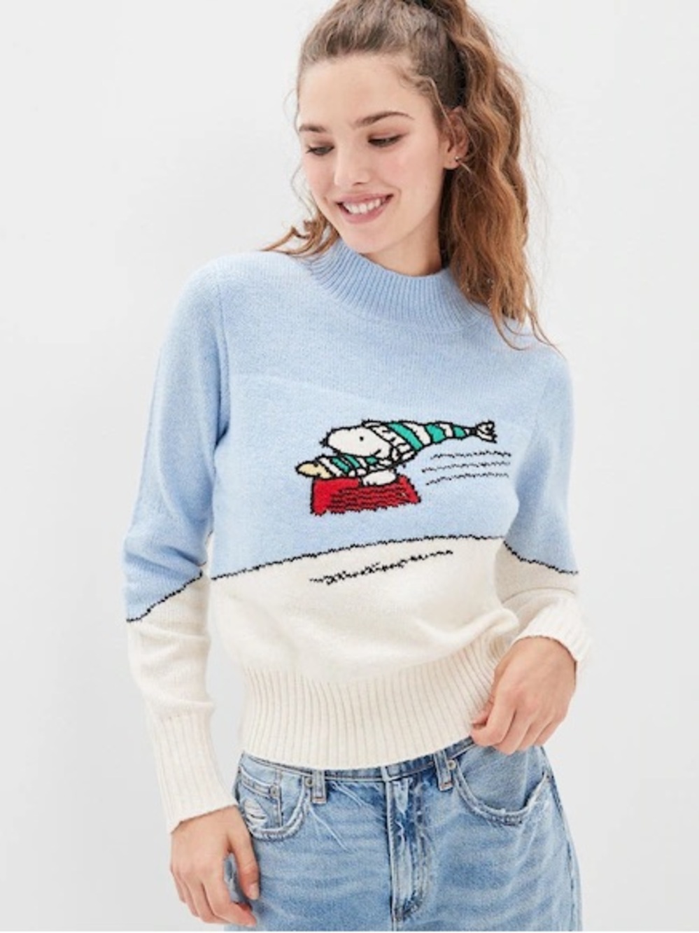 American Eagle Snoopy Peanuts Mockneck Pullover Sweater XXS Woodstock Sledding